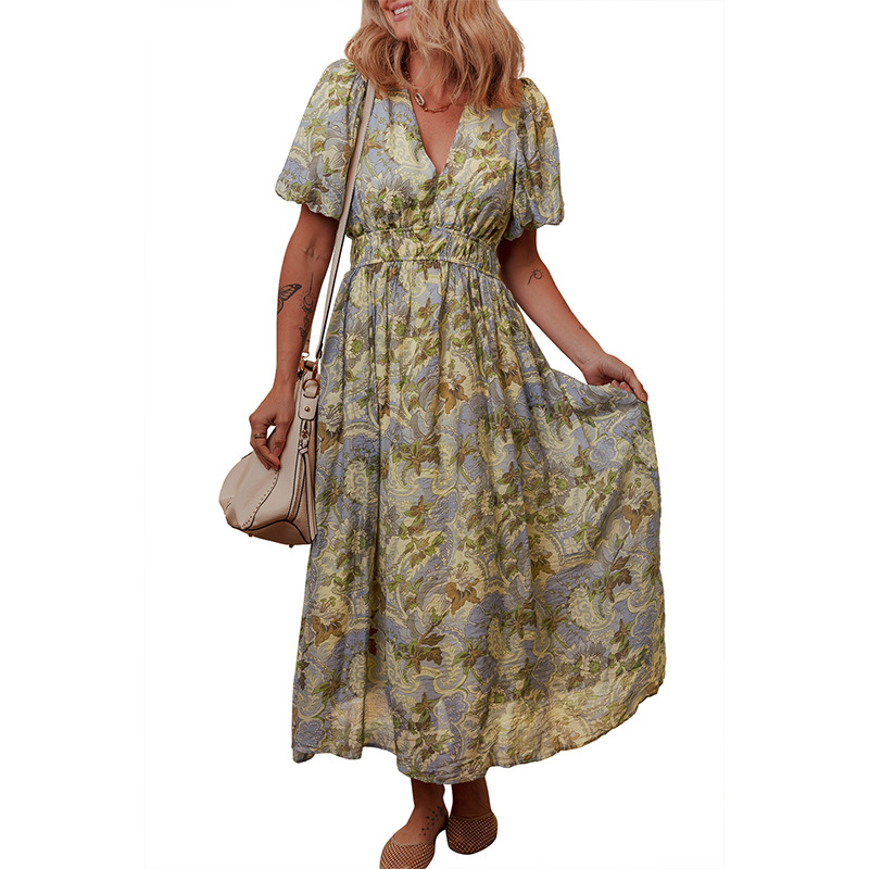 Summer New High Waist Short Sleeve Dress Female Sweet Floral Print Floral - Shop at LoveMi