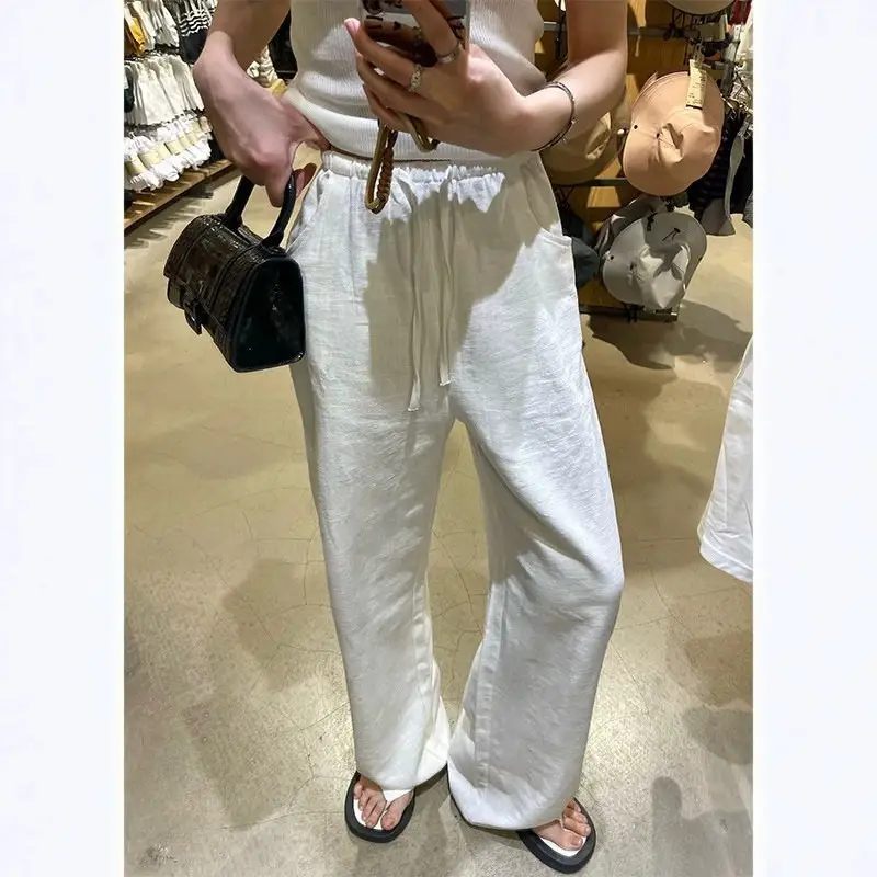 Summer Casual Wide-leg Pants With An Elastic Waist And Drawstring