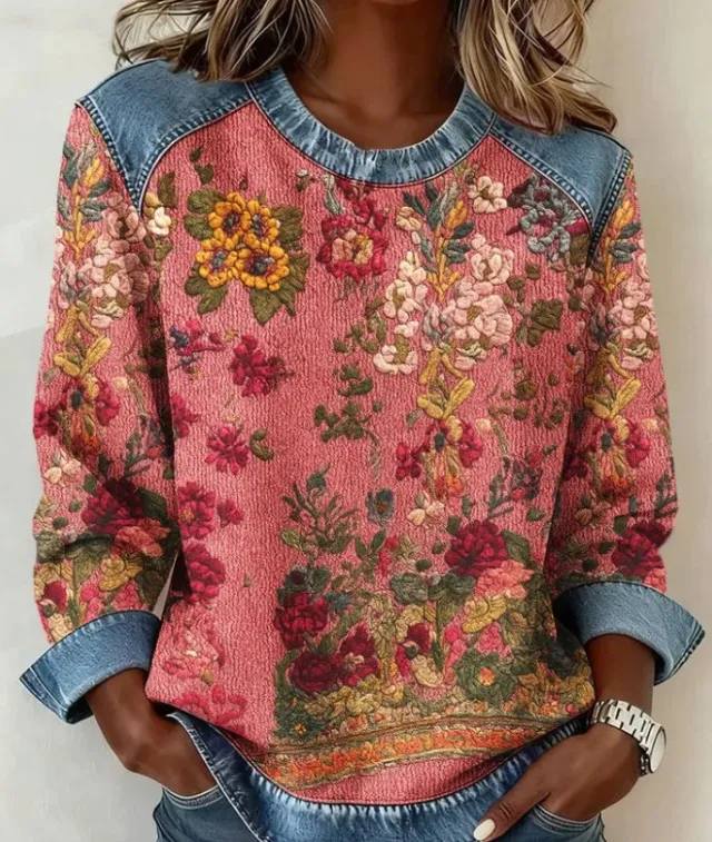 Womens Retro Crew Neck Long Sleeve Sweatshirt Top Wvwy 05 L - Shop at LoveMi