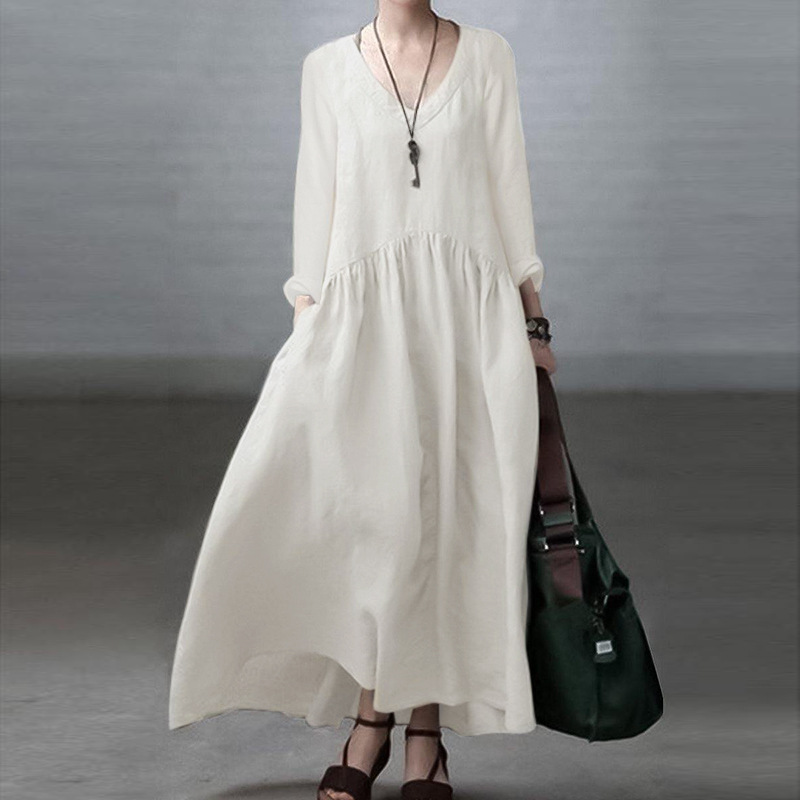 Fashion Long Sleeve V neck Women's Casual Solid Color Loose Long Dress White - Shop at LoveMi