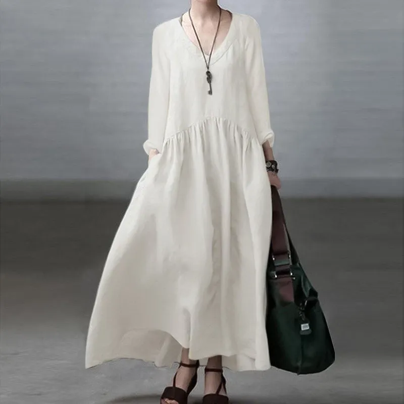 Fashion Long Sleeve V-neck Women's Casual Solid Color Loose Long Dress - White