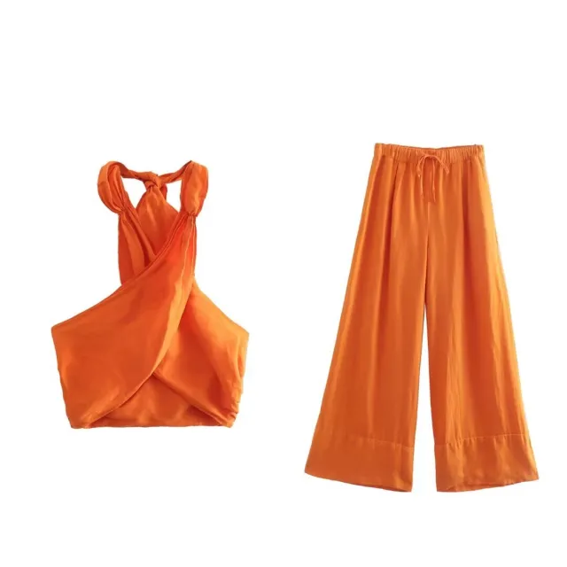 Hanging Collar Linen Top Wide Leg Pants Suit Orange Suit - Shop at LoveMi