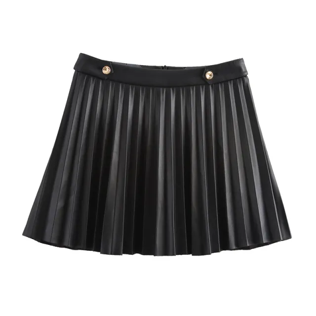 Autumn New Women's High Waist Slimming Faux Leather Wide Pleated Skirt Black - Shop at LoveMi