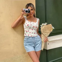 Women's Square Neck Short Slim Floral Top - Floral - View 1