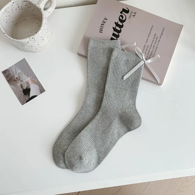 Heel Bow Socks For Women Middle Tube Pure Cotton Spring And Autumn Light Gray - Shop at LoveMi