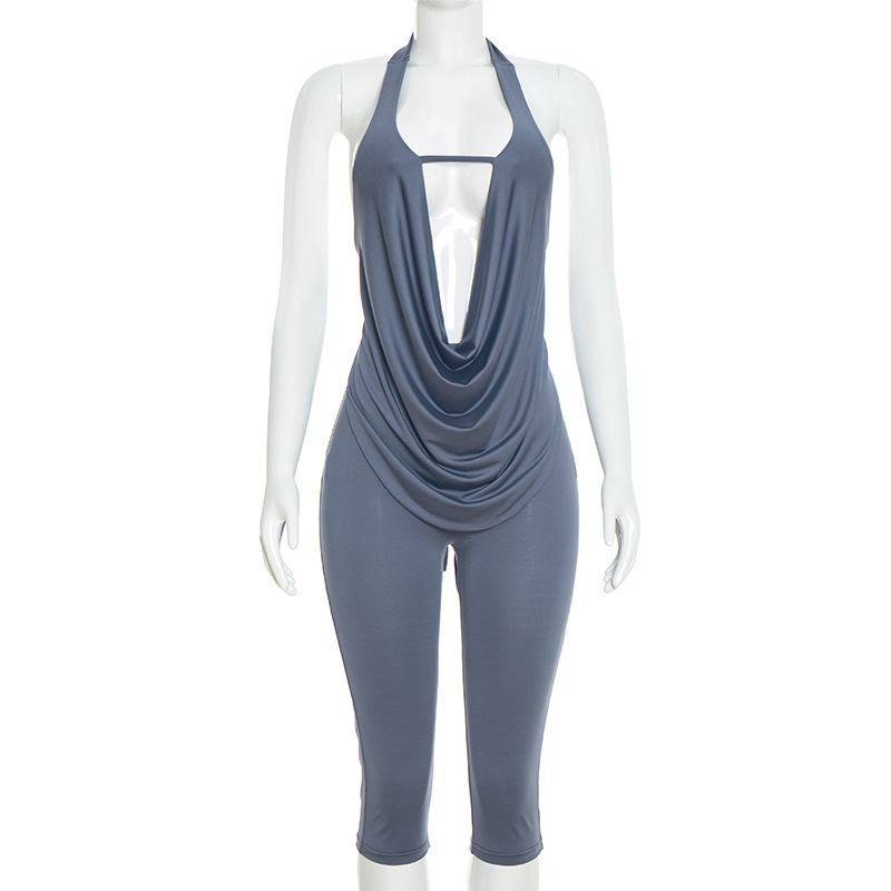 Womens Solid-color Spicy-chic Slimming Draped-neck Halter Set 6