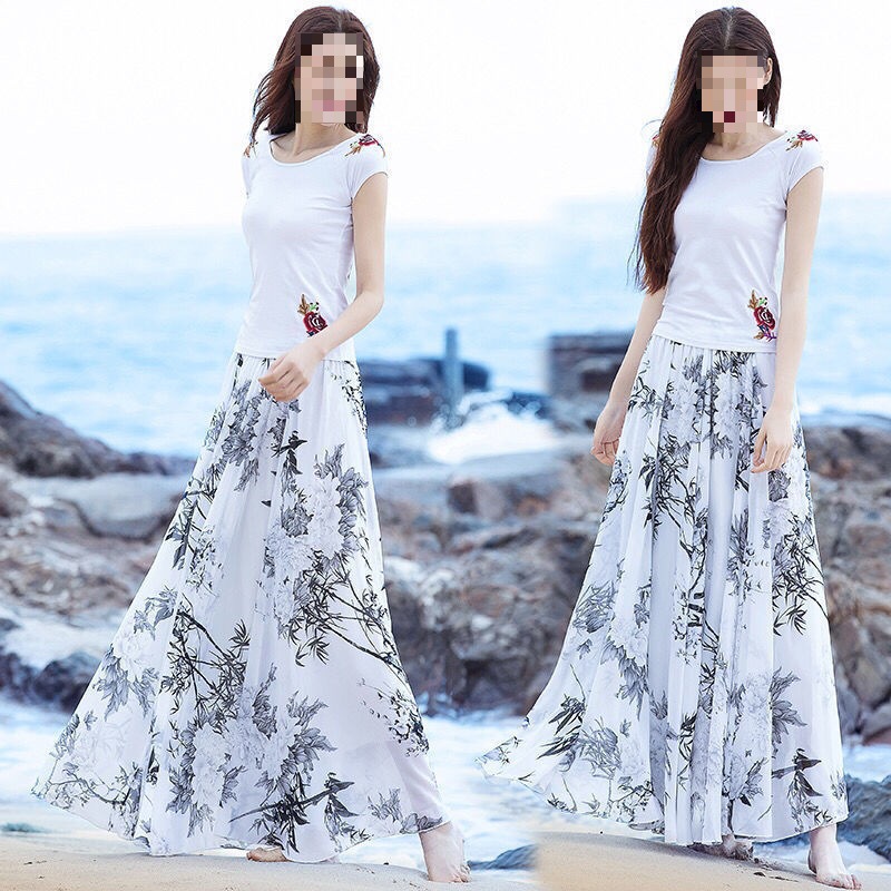 New Summer Chiffon Long Skirt Bohemian Beach Vacation Dress Mid length Big Hem Skirt Ink Bamboo - Shop at LoveMi