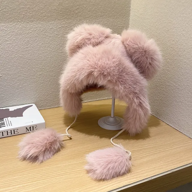 Cute Fluffy Warm Earflaps Cap Female Winter Pink - Shop at LoveMi