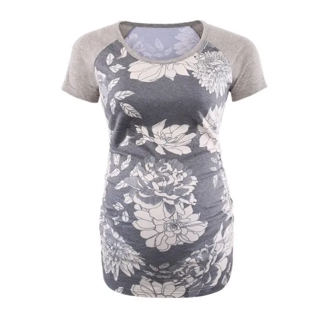 Round Neck Short Sleeve Printed Maternity T shirt Dark Gray - Shop at LoveMi