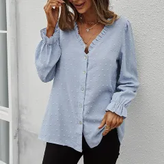 Women's Fashion Solid Colour And V-neck Loose Jacquard Long Sleeve Casual Shirt Top - Light Blue - View 1