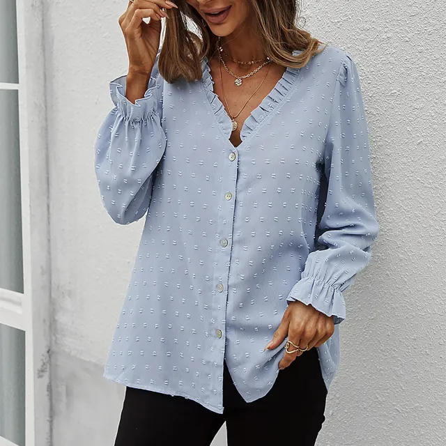 Women's Fashion Solid Color And V neck Loose Jacquard Long Sleeve Casual Shirt Top Light Blue - Shop at LoveMi