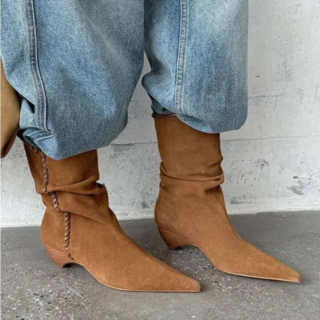 Pointed Toe Chunky Heel Brown Vintage Western Cowboy Boots Khaki - Shop at LoveMi