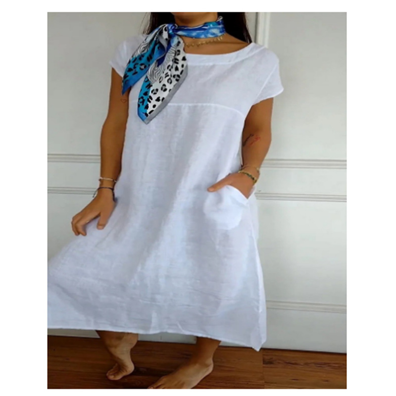 Round Neck Short Sleeve Cotton And Linen Length Dress