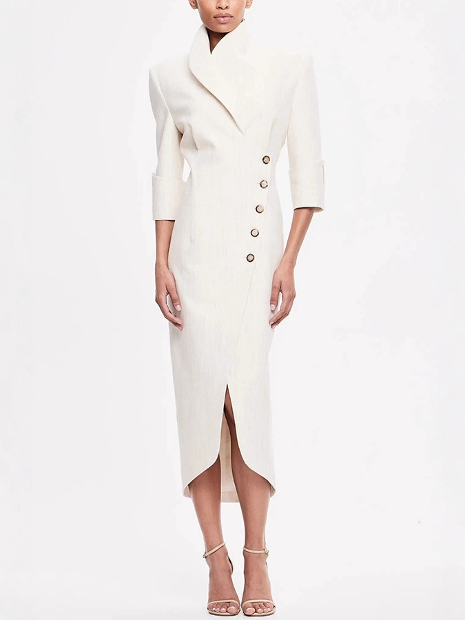 Women's Slim fit Fashionable Suit style Slanted neck Solid color Dress White - Shop at LoveMi