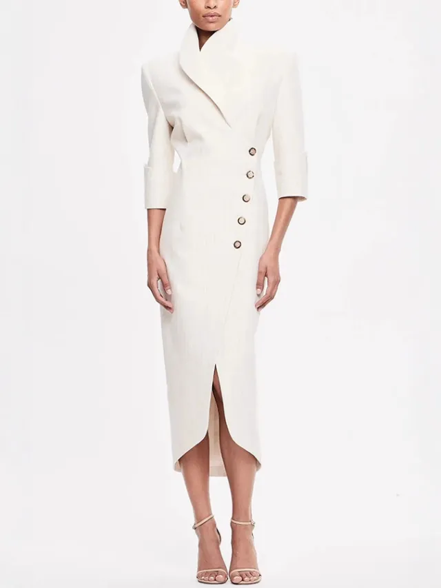 Women's Slim fit Fashionable Suit style Slanted neck Solid color Dress White - Shop at LoveMi
