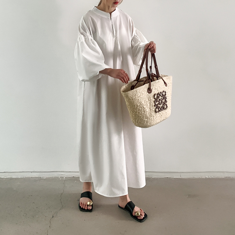 Lantern Sleeve Loose Chest Zipper Long A- Line Short Sleeve Dress