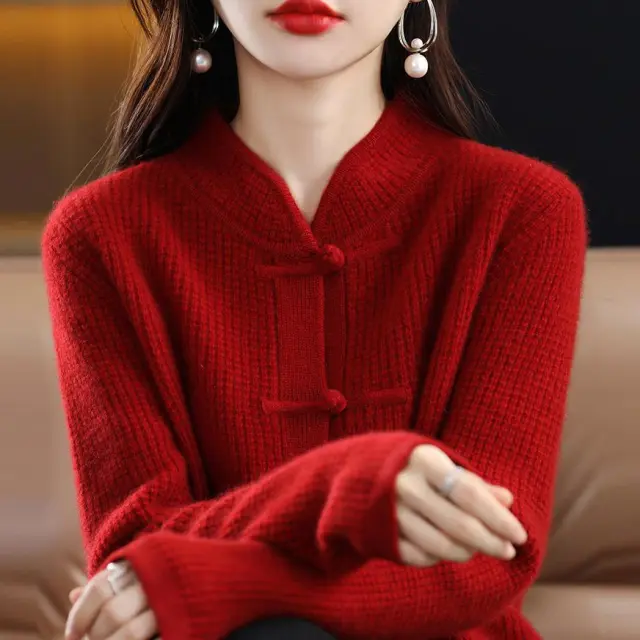 Women's Cashmere Cardigan Buckle Wine Red - Shop at LoveMi