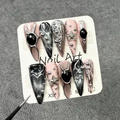 Dyed Nail European And American Long Pointed Nail Metal Hand Painted Ins Relief Sweet Cool - Long Tip - View 1