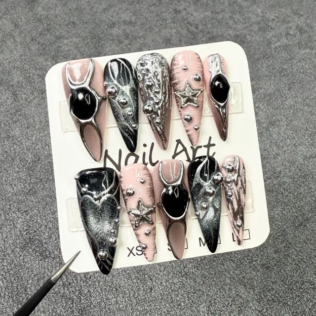 Dyed Nail European And American Long Pointed Nail Metal Hand Painted Ins Relief Sweet Cool Long Tip - Shop at LoveMi
