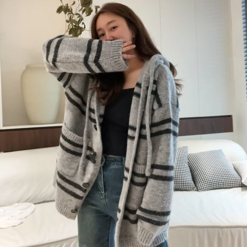 Fall Winter Hooded Striped Knitted Cardigan Women's Top Loose And Lazy Style Coat Gray - Shop at LoveMi