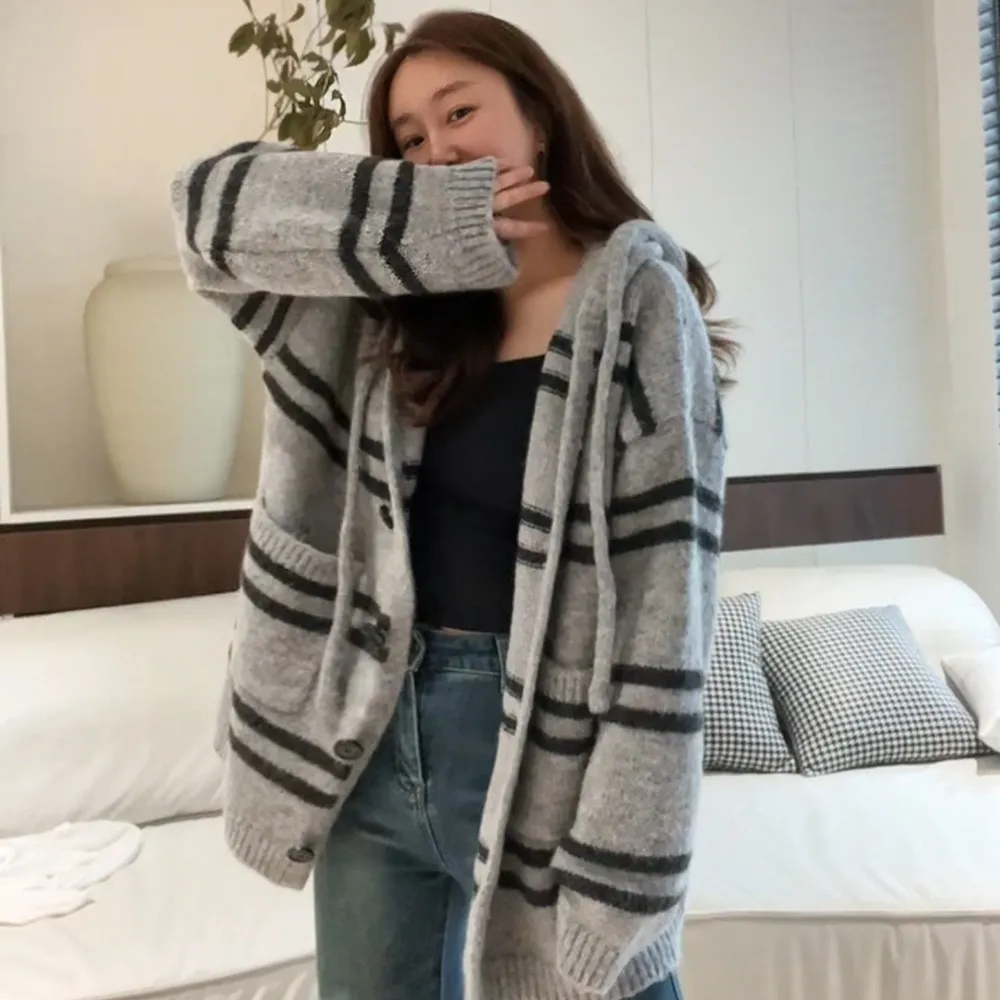 Fall Winter Hooded Striped Knitted Cardigan Women's Top Loose And Lazy Style Coat - Gray