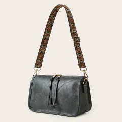 Women's Bohemian Wide Shoulder Strap Crossbody Retro Solid Colour Tote - Grey - View 1