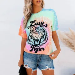 Women's Round-neck Slim-fit Slimming Short-sleeved Printed Tie-dye T-shirt - Black - View 1