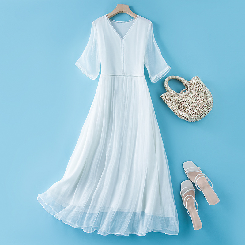 Womens Seven-quarter-sleeve Silk Dress
