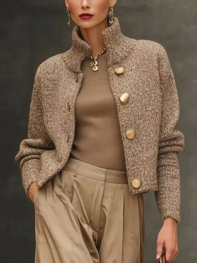 Women's High Neck Button Knit Sweater Stylish Short Cardigan Coat Camel - Shop at LoveMi