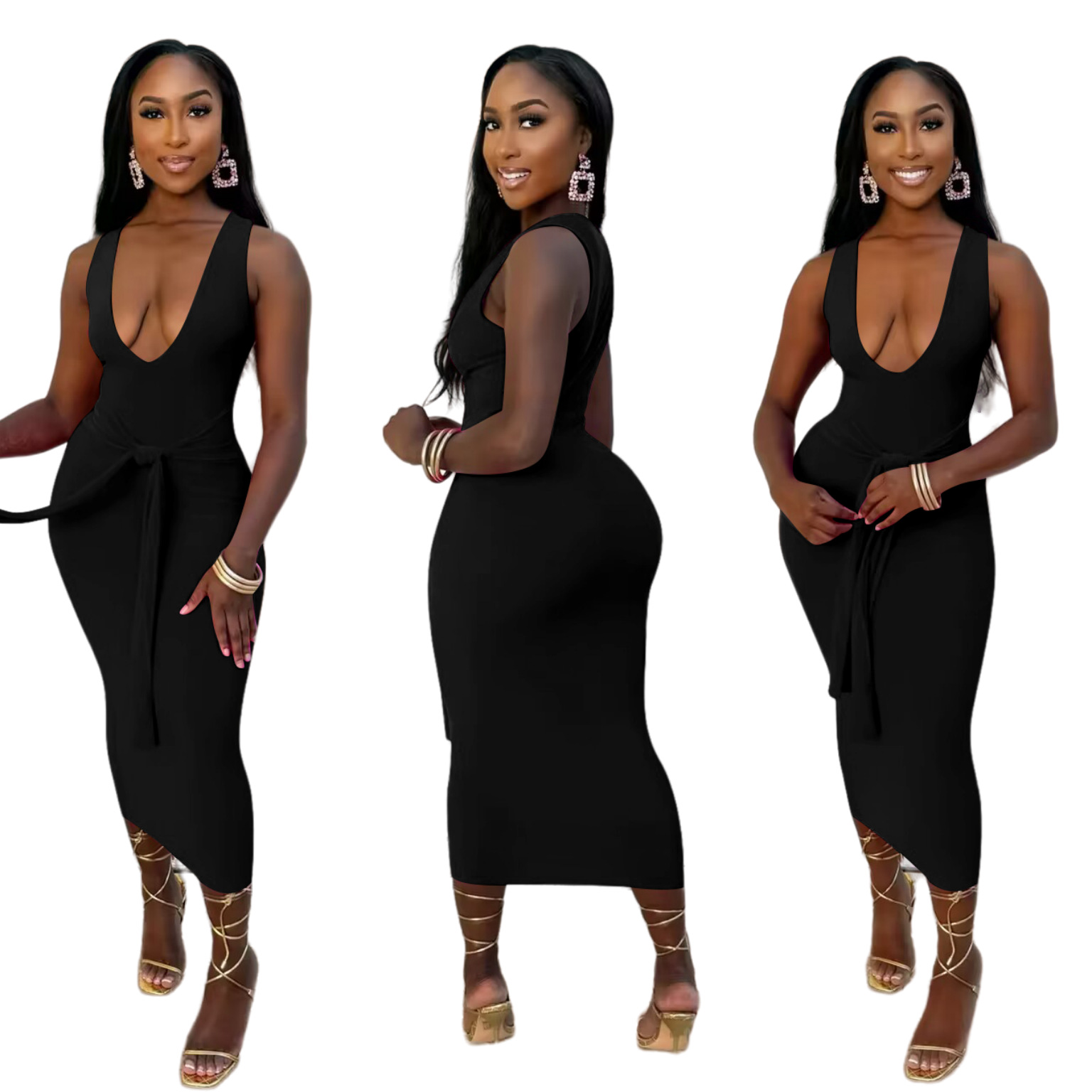 Fashionable V-neck Solid-color Long Dress A4bcb53d 7b7d 4b02 928b 35e695055032