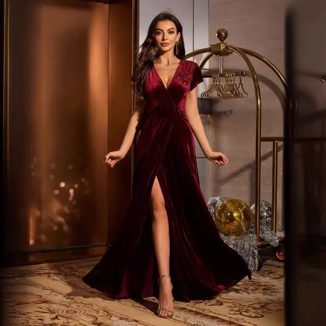 Short Sleeve Pure Color Split Plus Size Dress Wine Red - Shop at LoveMi