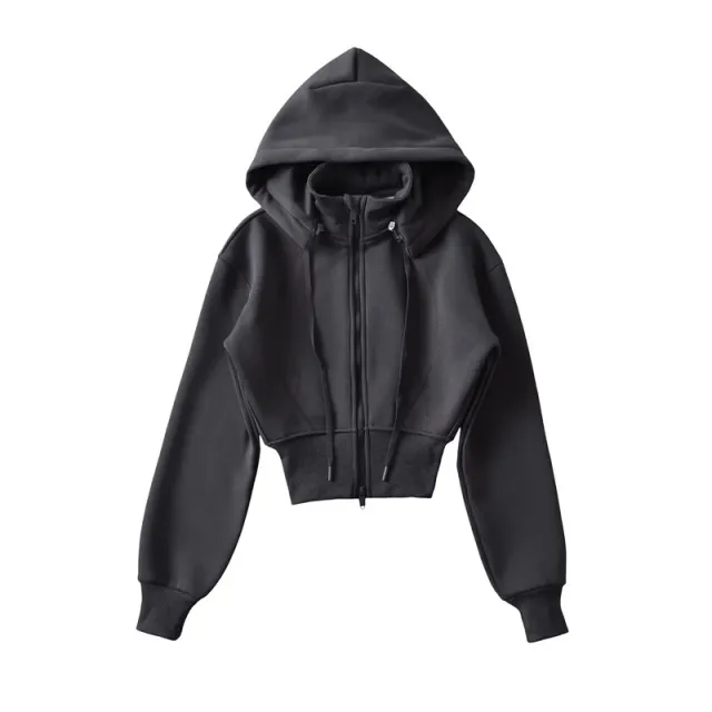 European And American Style Fleece lined Waist Stand Collar Detachable Hooded Zipper Sweatshirt Dark Gray - Shop at LoveMi