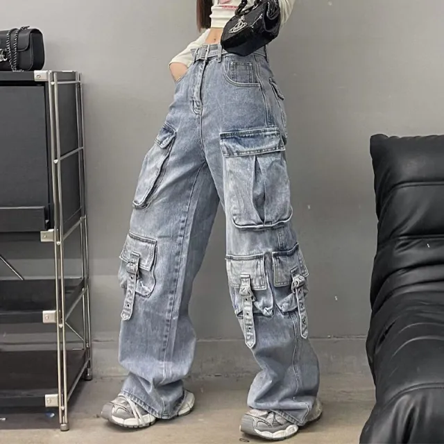 Autumn American Vintage Street Trendy Multi pocket Workwear Jeans Blue - Shop at LoveMi