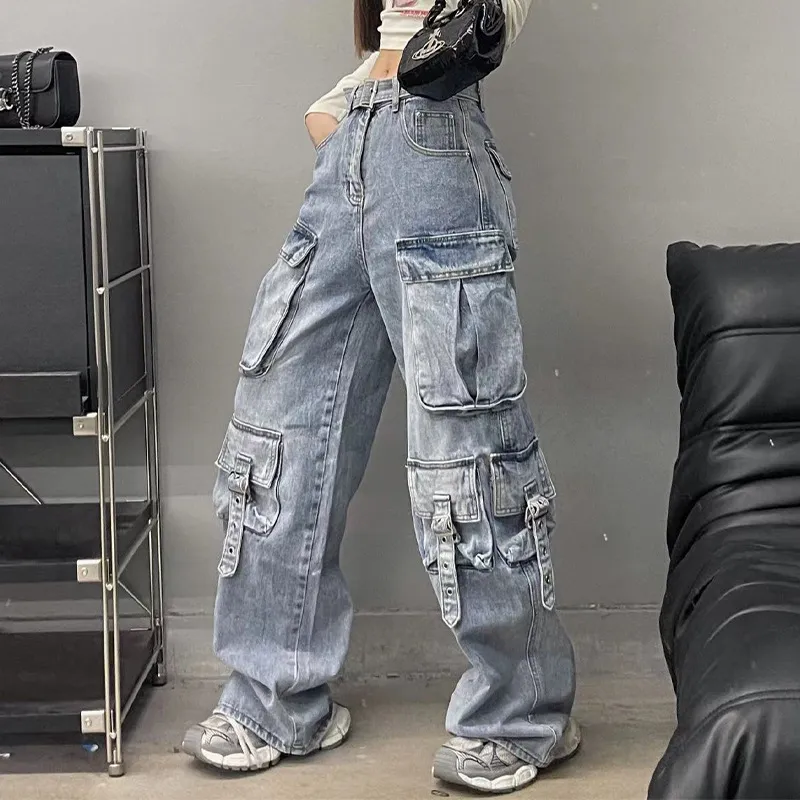 Autumn American Vintage Street Trendy Multi-pocket Workwear Jeans - Blue
