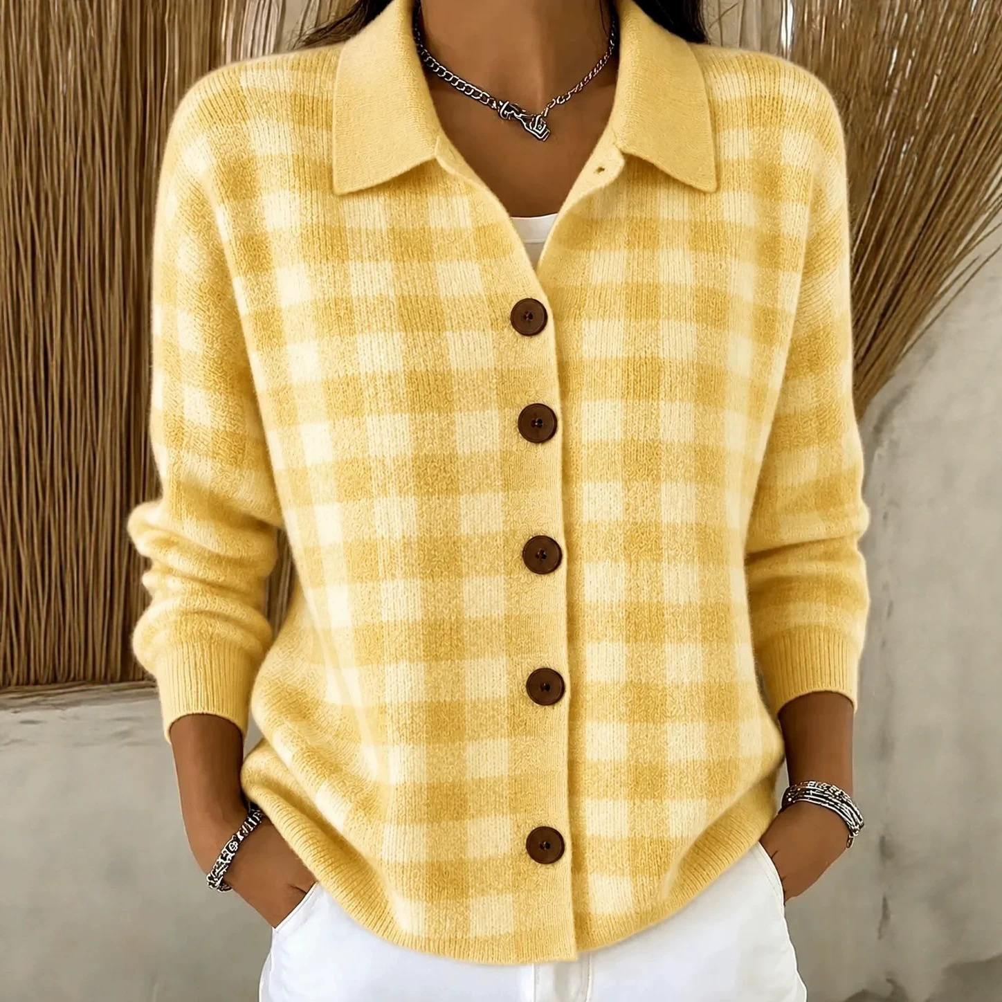 New Fallwinter Womens Loose-fit Plaid Long-sleeve Lapel Sweater Cardigan