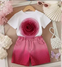 T shirt Gradient Denim Shorts Two piece Set Red - Shop at LoveMi