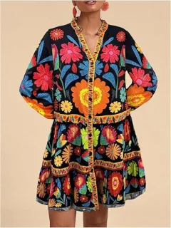 Floral Print Short Bohemian Beach Long Sleeve Button-down Flowy Blouse Dress - Black - View 1
