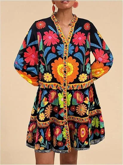 Floral Print Short Bohemian Beach Long Sleeve Button-down Flowy Blouse Dress - Black
