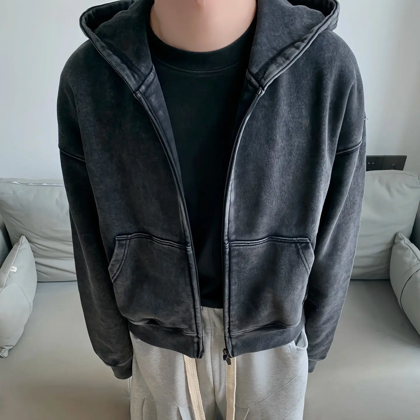 Distressed Loopback Zip-up Hooded Sweatshirt Jacket