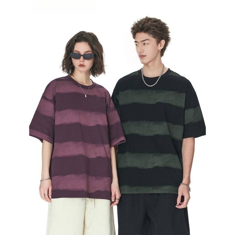 Tie-dye Washed Striped Short-Sleeve Mens Cotton T-Shirt