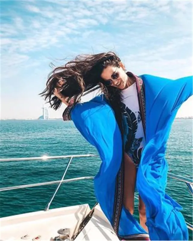 Women's Chiffon Embroidered Loose Beach Cover up Swimsuit Sun Protection Cardigan Blue - Shop at LoveMi