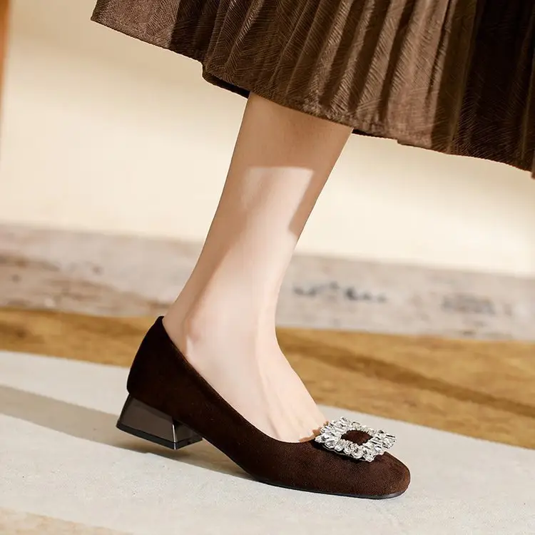 Versatile Commuter Womens Shoes French-style Square-toe Elegant Low-heeled Pumps