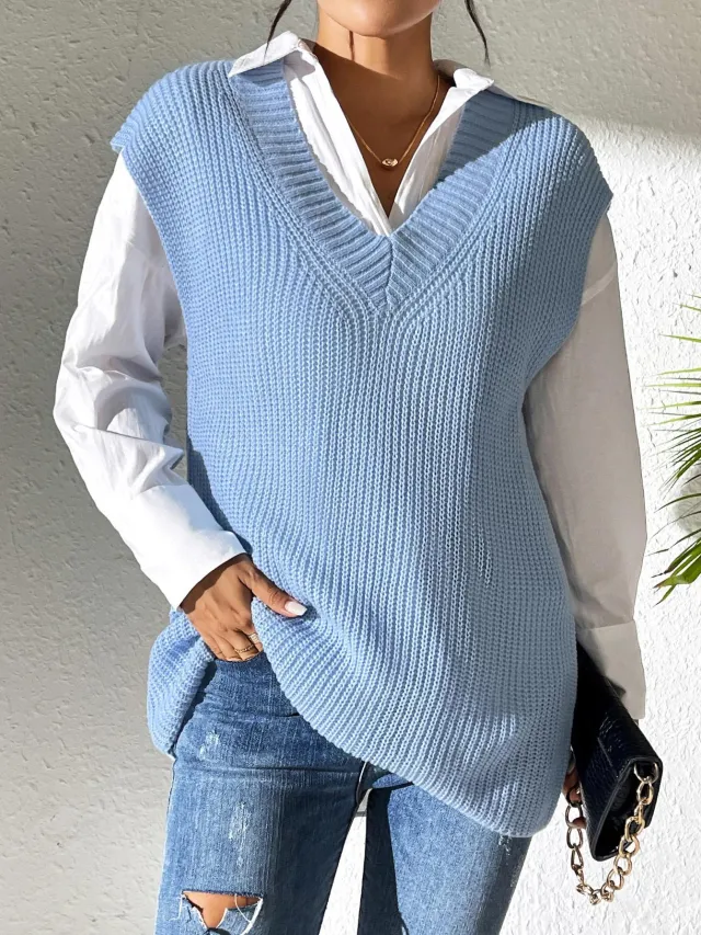 Solid Color Women's Vest V Neck Simple Casual Knit Sweater Vest Blue - Shop at LoveMi