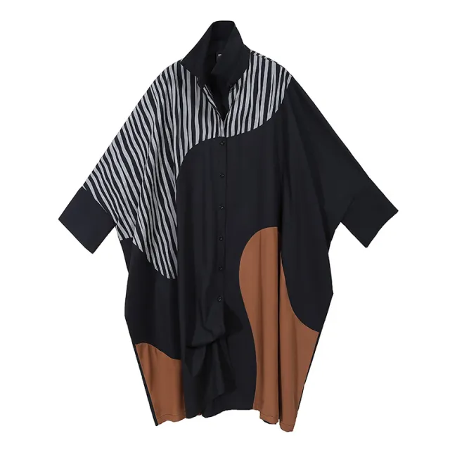 Autumn Single breasted Shirt Dress Contrast Color Idle Style Loose Plus Size Women - Shop at LoveMi