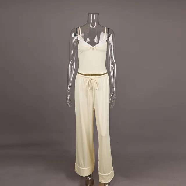 Patchwork Slip style Long Pants With A Drawstring Waist And Bow Detail Set Yellow - Shop at LoveMi
