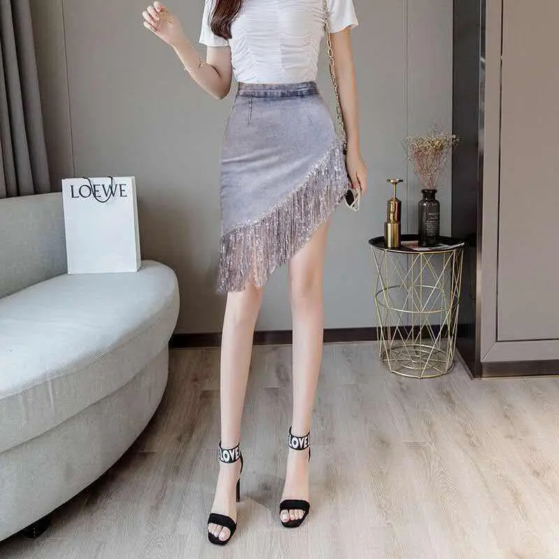 New Fake Two-piece Tassel Denim Skirt For Women - Shiny Tassel Skirt