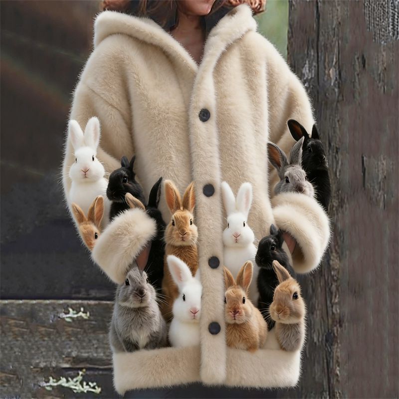 Casual 3D Cat-Print Hoodie Cloak Coat