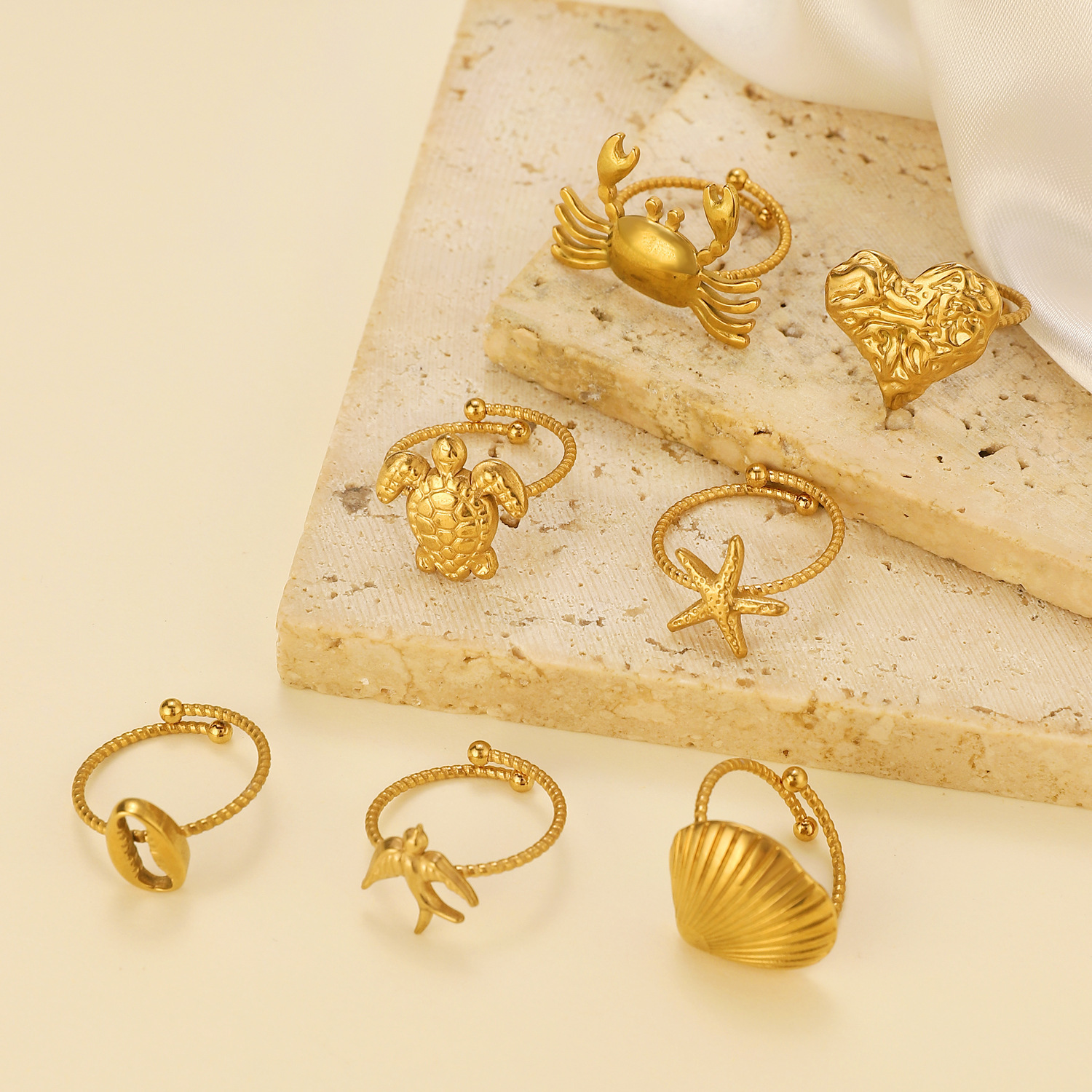 Stainless Steel Ring That Wont Fadefeaturing A Crab Heart Starfish And Turtle Design With An Adjustable Opening