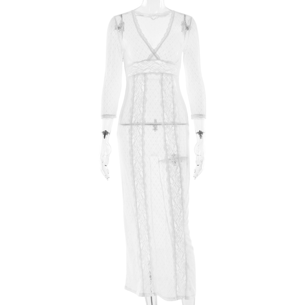 New Sexy Lace Sheer V neck Dress White - Shop at LoveMi