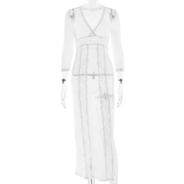 New Sexy Lace Sheer V neck Dress White - Shop at LoveMi